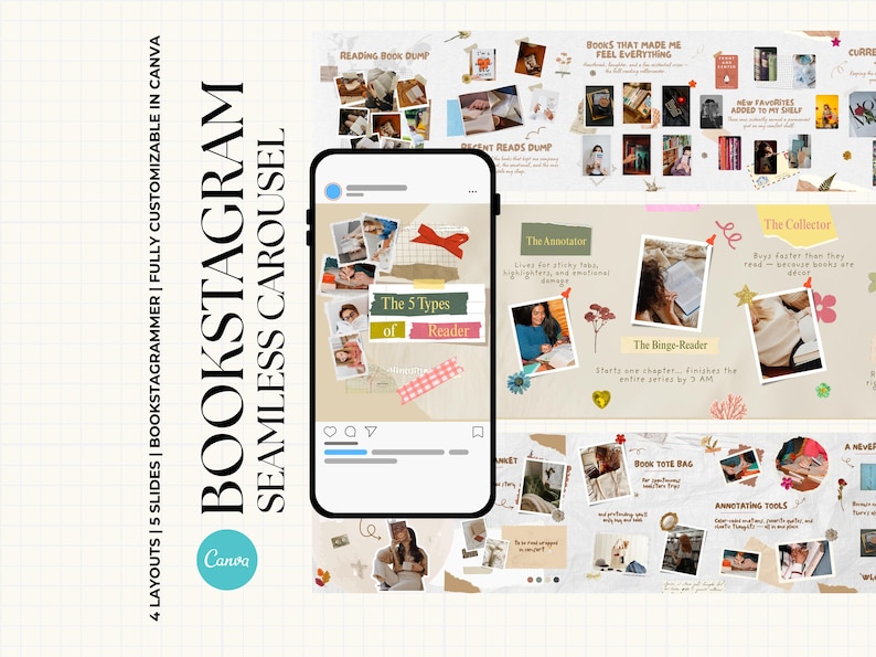 Scrapbook Bookstagram Seamless Carousel Template Canva Carousel Booktok Instagram Post Bookstagram Canva Bookish Carousel Book Author IG