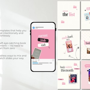 May include: A smartphone displaying a social media post with a pink background and the text current kindle reads, surrounded by six square digital templates featuring book-related themes, pink folders, and various book cover illustrations.