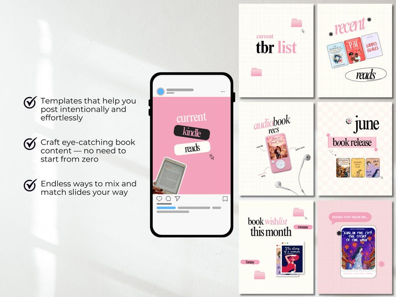 May include: A smartphone displaying a social media post with a pink background and the text current kindle reads, surrounded by six square digital templates featuring book-related themes, pink folders, and various book cover illustrations.