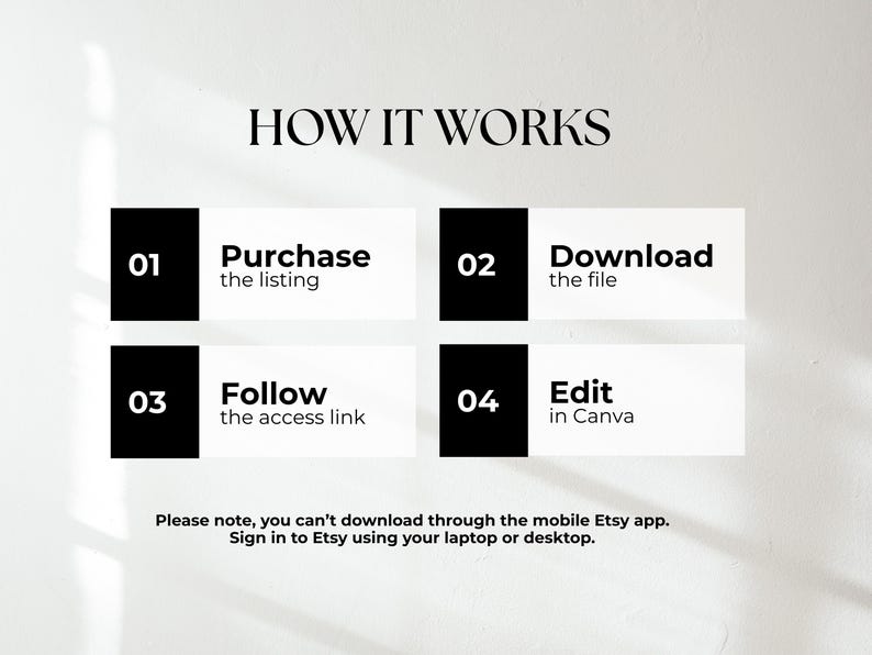 May include: An informational graphic titled "HOW IT WORKS" with four steps: Purchase the listing, Download the file, Follow the access link, and Edit in Canva. The text also notes that downloads are not available through the Etsy app.