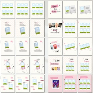 May include: A collection of digital social media templates for book tracking, featuring various layouts for book reviews, reading lists, monthly TBR lists, audiobook logs, and book release calendars, all designed with a consistent pink and white aesthetic.