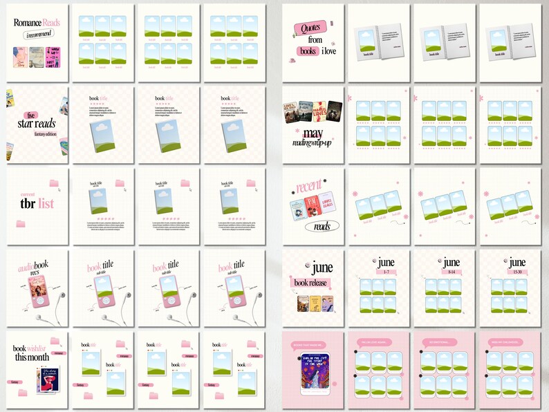 May include: A collection of digital social media templates for book tracking, featuring various layouts for book reviews, reading lists, monthly TBR lists, audiobook logs, and book release calendars, all designed with a consistent pink and white aesthetic.