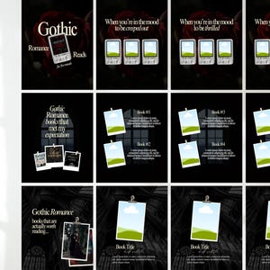May include: Instagram carousel template with a gothic romance theme. The design features text and images, including the words "Gothic Romance Reads" and "When you're in the mood to be..." with various book-related graphics.