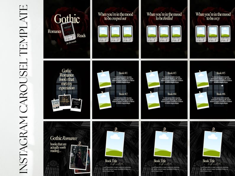 May include: Instagram carousel template with a gothic romance theme. The design features text and images, including the words "Gothic Romance Reads" and "When you're in the mood to be..." with various book-related graphics.
