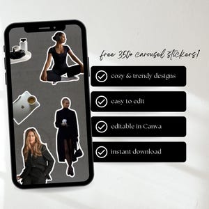 May include: A smartphone displays sticker designs with models, coffee, and accessories. Text reads "free 350+ carousel stickers!" with bullet points for "cozy & trendy designs," "easy to edit," "editable in Canva," and "instant download."