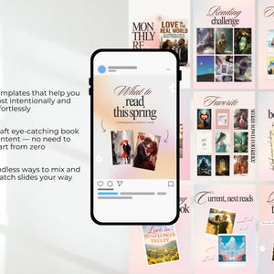 Pode incluir: Um smartphone exibe modelos de m&iacute;dia social com tema de livro. Os modelos incluem texto como "What to read this spring" e "Book of the week". Outro texto inclui "Templates that help you post intentionally and effortlessly."