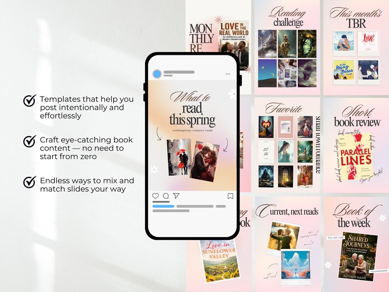 Pode incluir: Um smartphone exibe modelos de m&iacute;dia social com tema de livro. Os modelos incluem texto como "What to read this spring" e "Book of the week". Outro texto inclui "Templates that help you post intentionally and effortlessly."
