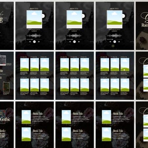 May include: A collection of digital graphics with a gothic theme. The graphics include book recommendations, audiobook announcements, and book cover templates. The color scheme is primarily black and white with accents of green and pink.