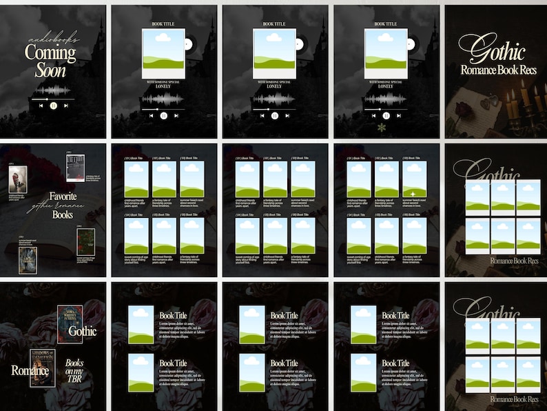 May include: A collection of digital graphics with a gothic theme. The graphics include book recommendations, audiobook announcements, and book cover templates. The color scheme is primarily black and white with accents of green and pink.