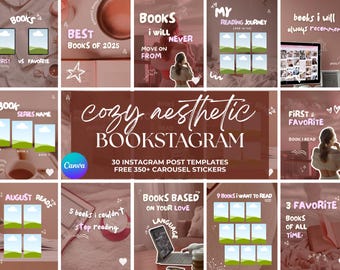 Puede incluir: Un conjunto de plantillas de publicaciones de Instagram con una estética acogedora, con temas relacionados con libros. Las plantillas incluyen espacio para imágenes y texto, con frases como "Mejores libros de 2025" y "Mi viaje de lectura".
