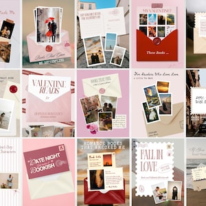 Puede incluir: Una colección de postales y sobres con temática de libros románticos. Las postales presentan imágenes de parejas, paisajes y texto como "Valentine Reads" y "Fall in Love". La paleta de colores incluye rosa, rojo y crema.
