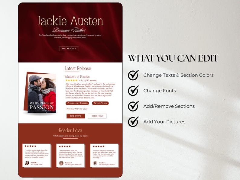 Modèle Canva de site Web d'auteur de livre Auteur romantique Rédacteur de page de vente Canva Promotion du livre Site Web d'une page Marketing du livre Image de marque de l'auteur image 7