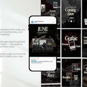 May include: A mockup of a smartphone displaying a social media post with book-themed templates. The post includes text: "JUNE," "Favorite Books," and "Gothic Romance." The image showcases various book covers and design elements, with checkmarks and text promoting easy content creation.