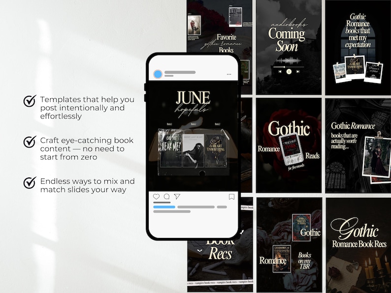 May include: A mockup of a smartphone displaying a social media post with book-themed templates. The post includes text: "JUNE," "Favorite Books," and "Gothic Romance." The image showcases various book covers and design elements, with checkmarks and text promoting easy content creation.