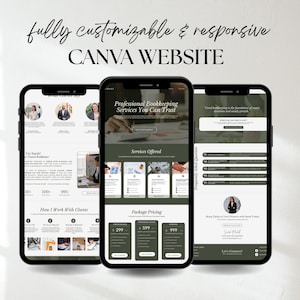 K&ouml;nnte beinhalten: Drei Smartphones zeigen ein Canva-Website-Design. Die Bildschirme zeigen einen professionellen Buchhaltungsservice mit Abschnitten f&uuml;r angebotene Dienstleistungen und Paketpreise. Der Text "fully customizable & responsive CANVA WEBSITE" steht oben.