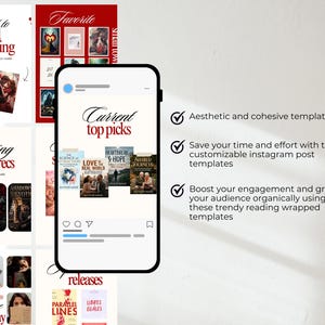 Puede incluir: Un tel&eacute;fono inteligente muestra plantillas de publicaciones de Instagram con recomendaciones de libros. Las plantillas presentan t&iacute;tulos como &laquo;What to read this spring&raquo; y &laquo;Spring book recs&raquo;. El texto &laquo;Current top picks&raquo; tambi&eacute;n es visible. La imagen incluye portadas de libros y superposiciones de texto.