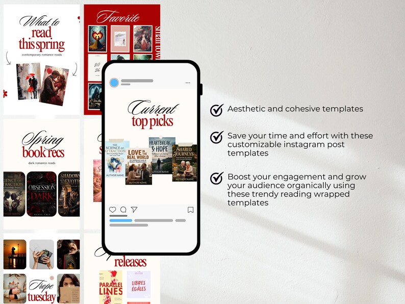 Puede incluir: Un tel&eacute;fono inteligente muestra plantillas de publicaciones de Instagram con recomendaciones de libros. Las plantillas presentan t&iacute;tulos como &laquo;What to read this spring&raquo; y &laquo;Spring book recs&raquo;. El texto &laquo;Current top picks&raquo; tambi&eacute;n es visible. La imagen incluye portadas de libros y superposiciones de texto.