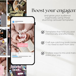 May include: A digital marketing graphic displaying social media carousel templates for book content. The image features a smartphone showing a December wrap-up post, surrounded by various aesthetic thumbnails and text reading Boost your engagement.