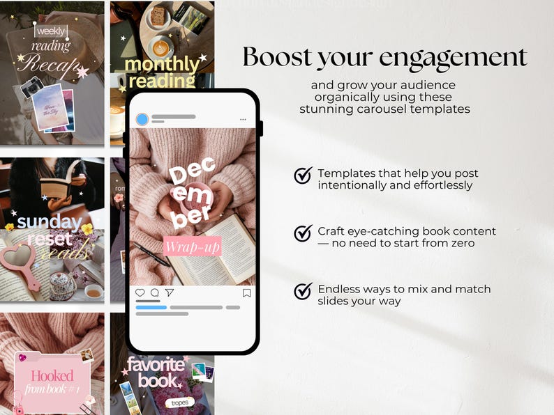 May include: A digital marketing graphic displaying social media carousel templates for book content. The image features a smartphone showing a December wrap-up post, surrounded by various aesthetic thumbnails and text reading Boost your engagement.