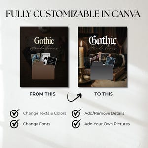 May include: A promotional image with the text "FULLY CUSTOMIZABLE IN CANVA". It shows a before-and-after comparison of a design with the words "Gothic standalones". The image highlights the ability to change texts, colors, and fonts, and add or remove details and pictures.