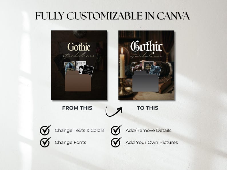 May include: A promotional image with the text "FULLY CUSTOMIZABLE IN CANVA". It shows a before-and-after comparison of a design with the words "Gothic standalones". The image highlights the ability to change texts, colors, and fonts, and add or remove details and pictures.