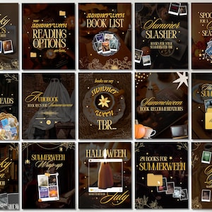 May include: A collection of fifteen digital social media templates featuring dark, moody aesthetics with gold typography. Each graphic displays book-themed imagery, including book stacks, ghosts, and seasonal text like Spooky Book Recs.