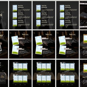 May include: A collection of digital graphics with a dark, gothic theme. The images include book covers, title cards, and a TBR list, all with a vintage aesthetic. The color palette is primarily black, white, and gold, with some images featuring a landscape.