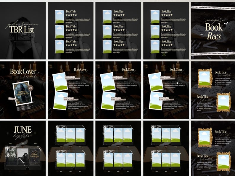 May include: A collection of digital graphics with a dark, gothic theme. The images include book covers, title cards, and a TBR list, all with a vintage aesthetic. The color palette is primarily black, white, and gold, with some images featuring a landscape.