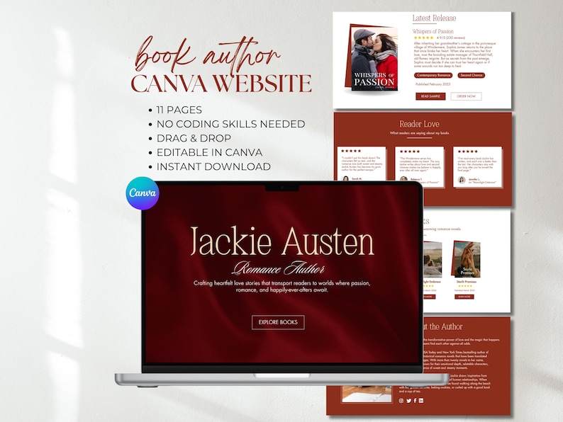 Book Author Website Canva Template Romance Author Canva Sales Page Writer Book Promotion One Page Website Book Marketing Author Branding
