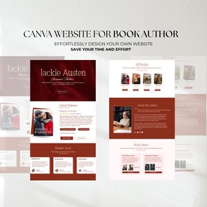 Peut inclure: Maquette de site web pour un auteur de livres, avec une palette de couleurs bordeaux et blanche. La conception comprend des sections pour le nom de l'auteur, les couvertures de livres et les critiques. Le texte sur l'image se lit : "CANVA WEBSITE FOR BOOK AUTHOR".