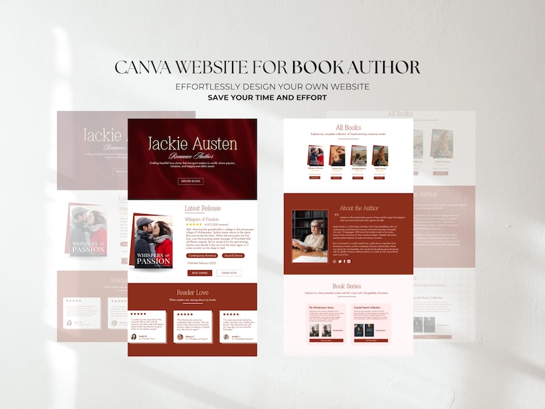 Peut inclure: Maquette de site web pour un auteur de livres, avec une palette de couleurs bordeaux et blanche. La conception comprend des sections pour le nom de l'auteur, les couvertures de livres et les critiques. Le texte sur l'image se lit : "CANVA WEBSITE FOR BOOK AUTHOR".