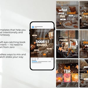 May include: A collection of digital social media templates featuring autumn-themed imagery, including cozy living room scenes, falling leaves, and book-related text overlays such as 'autumn books i loved', 'currently reading', and 'fall TBR'.
