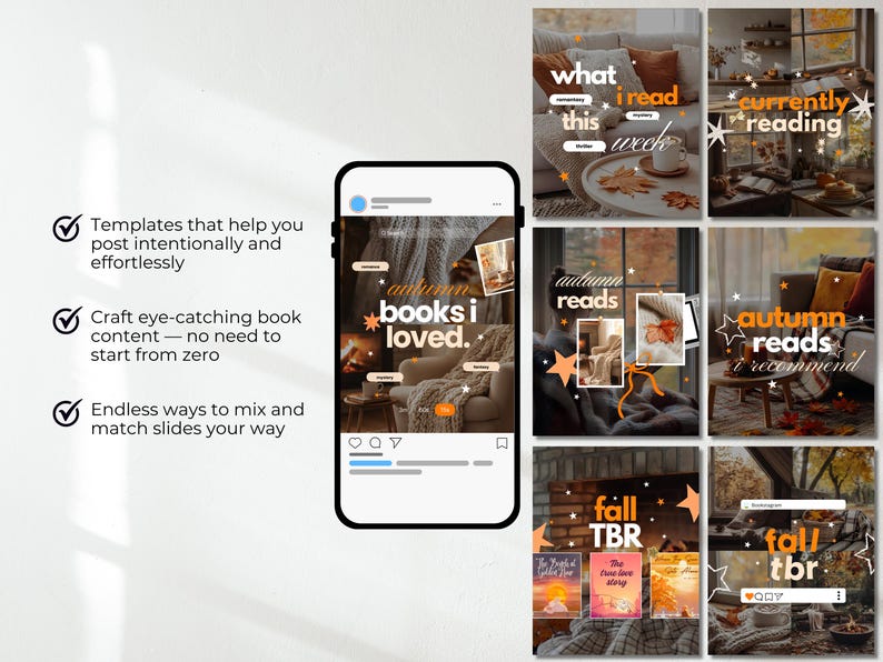 May include: A collection of digital social media templates featuring autumn-themed imagery, including cozy living room scenes, falling leaves, and book-related text overlays such as 'autumn books i loved', 'currently reading', and 'fall TBR'.