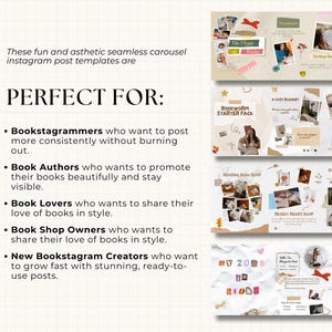 May include: Instagram post templates with a seamless carousel design. The templates are designed for bookstagrammers, authors, book lovers, book shop owners, and new bookstagram creators. The templates feature photos, text, and decorative elements.