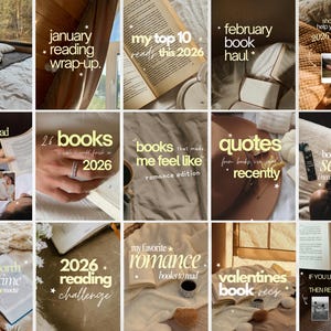 Puede incluir: Una colección de quince gráficos para redes sociales con temas relacionados con libros y superposiciones de texto como January reading wrap-up, my top 10 reads this 2026, February book haul, books to read in one sitting y 2026 reading challenge.