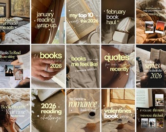 May include: A collection of fifteen social media post graphics featuring book-related themes with text overlays including January reading wrap-up, my top 10 reads this 2026, February book haul, books to read in one sitting, and 2026 reading challenge.