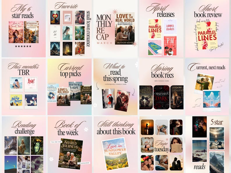 Pink Bookstagram Canva Templates Romance Carousel Post Kit Trendy Pink Gradient BookTok Templates Editable Reading Tracker & Review Kit