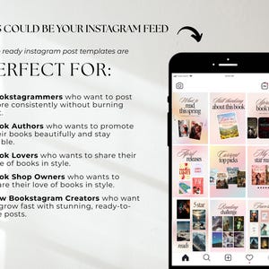Pode incluir: Um smartphone exibe modelos de posts do Instagram com gr&aacute;ficos tem&aacute;ticos de livros. O texto na parte superior diz "THIS COULD BE YOUR INSTAGRAM FEED". Os modelos s&atilde;o para bookstagrammers, autores e amantes de livros.