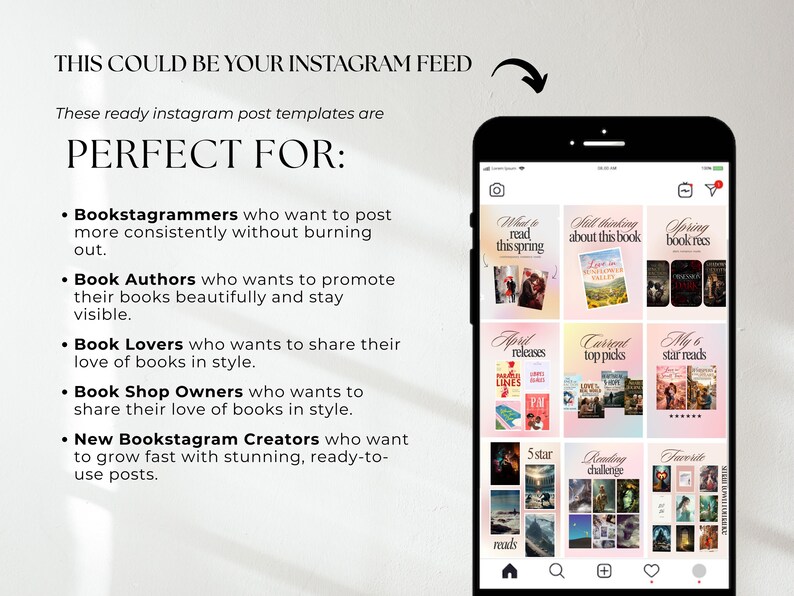 Pode incluir: Um smartphone exibe modelos de posts do Instagram com gr&aacute;ficos tem&aacute;ticos de livros. O texto na parte superior diz "THIS COULD BE YOUR INSTAGRAM FEED". Os modelos s&atilde;o para bookstagrammers, autores e amantes de livros.