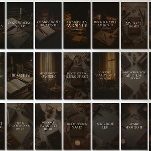 May include: A collection of dark, moody graphics with text overlays related to books and reading. Titles include "Bookish Superlatives," "Cozy Reading Setup," and "Best Fantasy Books of 2025." The overall theme is a book club or reading blog.