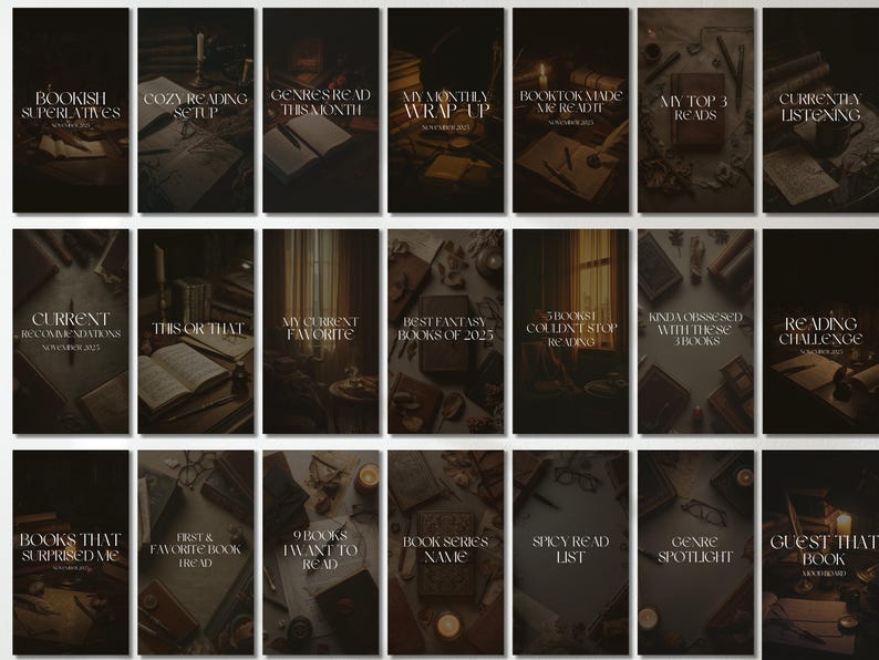 May include: A collection of dark, moody graphics with text overlays related to books and reading. Titles include "Bookish Superlatives," "Cozy Reading Setup," and "Best Fantasy Books of 2025." The overall theme is a book club or reading blog.