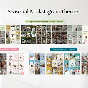 May include: A digital display titled Seasonal Bookstagram Themes featuring grids of social media post layouts categorized by Spring, Green, Cottagecore, Easter, and Summer aesthetics, showcasing various book-related photography and text overlays.