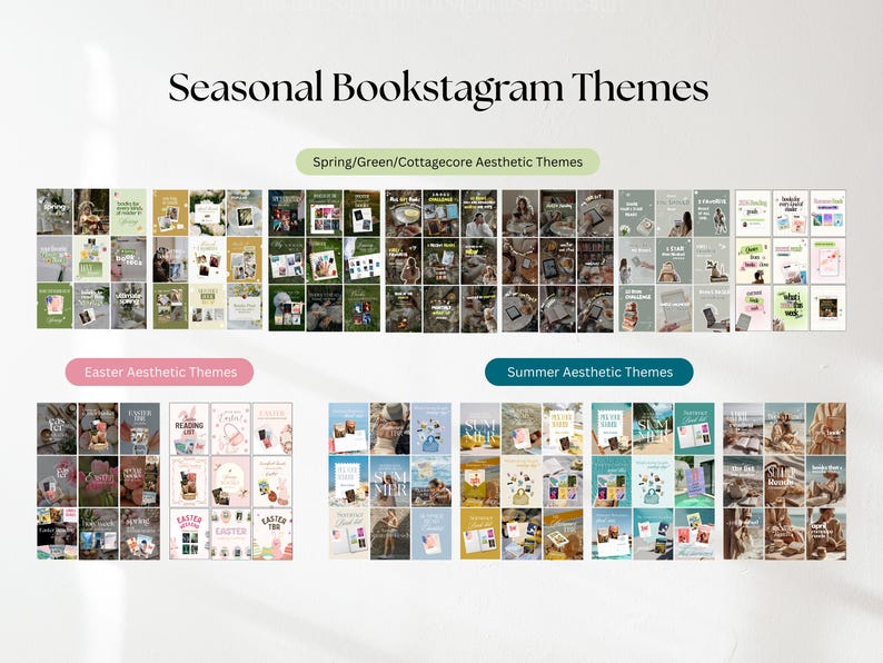 May include: A digital display titled Seasonal Bookstagram Themes featuring grids of social media post layouts categorized by Spring, Green, Cottagecore, Easter, and Summer aesthetics, showcasing various book-related photography and text overlays.