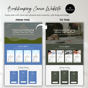 K&ouml;nnte beinhalten: Ein Vergleich des Website-Designs vor und nach der Bearbeitung. Der Text lautet "Bookkeeping Canva Website" und "Easily edit with your own photos and contents, just drag and drop!". Das Design beinhaltet "Professional Bookkeeping Services You Can Trust".