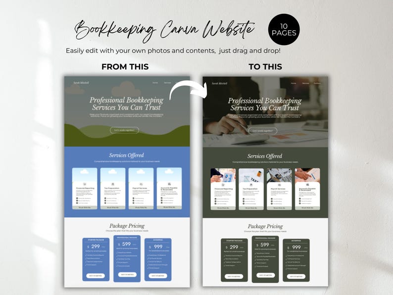 K&ouml;nnte beinhalten: Ein Vergleich des Website-Designs vor und nach der Bearbeitung. Der Text lautet "Bookkeeping Canva Website" und "Easily edit with your own photos and contents, just drag and drop!". Das Design beinhaltet "Professional Bookkeeping Services You Can Trust".