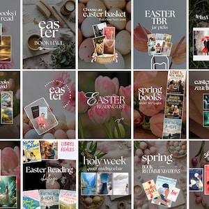 Puede incluir: Un collage de imágenes con libros y texto temático de Pascua. Las imágenes incluyen portadas de libros, arreglos florales y texto como "Easter TBR" y "Spring Book Recommendations". El tema general es la lectura y la Pascua.