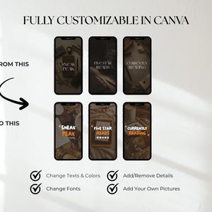 May include: Image showcasing a before-and-after comparison of phone screen designs. The top row displays dark screens with text like "SNEAK PEAK" and "FIVE STAR READS." The bottom row shows the same designs with a lighter color scheme. Text states "FULLY CUSTOMIZABLE IN CANVA."