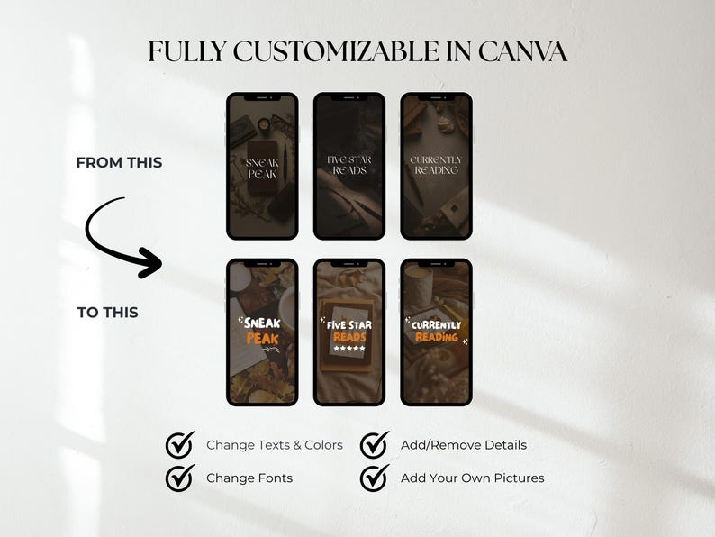 May include: Image showcasing a before-and-after comparison of phone screen designs. The top row displays dark screens with text like "SNEAK PEAK" and "FIVE STAR READS." The bottom row shows the same designs with a lighter color scheme. Text states "FULLY CUSTOMIZABLE IN CANVA."