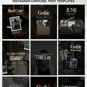 May include: Instagram carousel post templates with a gothic romance theme. The image features various book covers, text overlays, and a person holding a book. The color palette is dark with a vintage aesthetic.