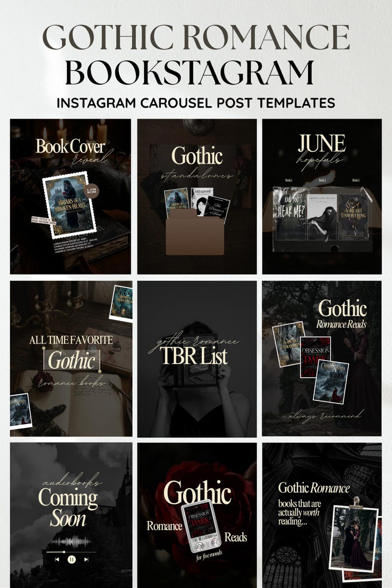 May include: Instagram carousel post templates with a gothic romance theme. The image features various book covers, text overlays, and a person holding a book. The color palette is dark with a vintage aesthetic.